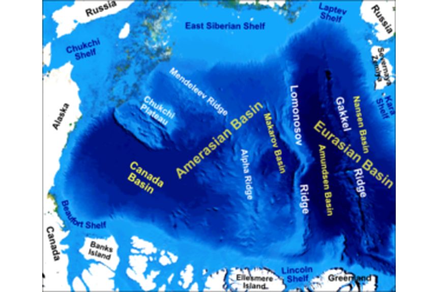 Grau 01 Gakkel Ridge highlighted on map of main bathymetric features of the Arctic Ocean